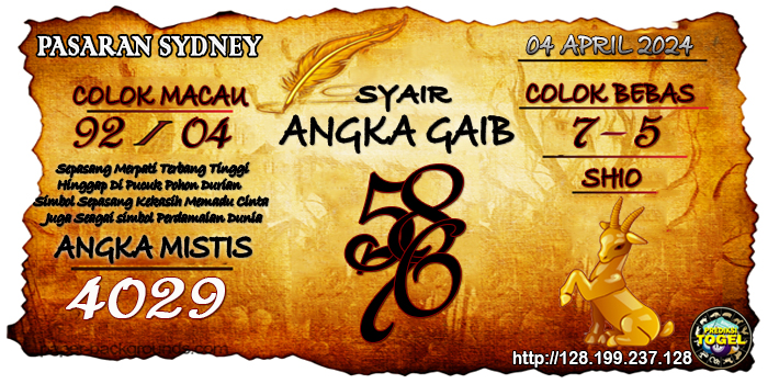 Prediksi Togel Sydney Kamis 04 April 2024